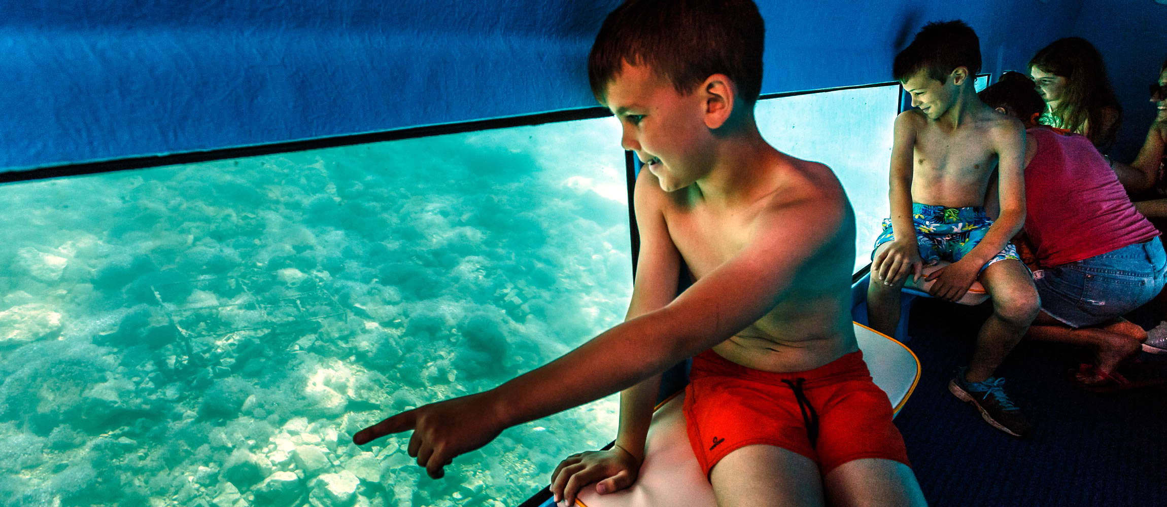 A child observing marine life through the semisubmarine window